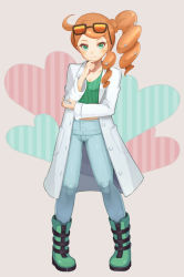 1girl ahoge arm_under_breasts blue_pants blush boots breasts cleaver coat commentary cropped_shirt denim drill_hair eyelashes eyewear_on_head full_body green_boots green_eyes green_shirt grey_background hair_ornament hand_on_own_arm hand_on_own_chin heart heart_hair_ornament jacket jeans lab_coat legs_apart long_hair long_jacket long_sleeves looking_at_viewer medium_breasts midriff nintendo orange_hair pants pigeon-toed pokemon pokemon_swsh purea ribbed_shirt shirt side_ponytail smile solo sonia_(pokemon) standing striped sunglasses vertical_stripes white_background white_jacket