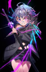 1girl absurdres bandaid bandaid_on_cheek bandaid_on_face bandaid_on_nose black_background black_jacket black_skirt grey_hair grin heterochromia highres holding holding_sword holding_weapon hololive hololive_english jacket koseki_bijou koseki_bijou_(casual) looking_at_viewer medium_hair newbie_(newbie_132) official_alternate_costume official_alternate_hairstyle pink_eyes purple_eyes simple_background skirt smile solo sword tomato_(sword) virtual_youtuber weapon