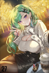1girl absurdres alternate_costume blurry braid braided_bangs breasts brown_pantyhose buttons christmas christmas_lights cleavage cleavage_cutout clothing_cutout coat commission cosmetics cup depth_of_field disposable_coffee_cup disposable_cup double-breasted ear_piercing earrings green_hair grin hair_behind_ear hair_ornament head_tilt heart heart_earrings high-waist_skirt highres jewelry large_breasts lipstick_tube long_hair looking_at_viewer meme_attire mole mole_on_breast night nishichi open-chest_sweater outdoors pantyhose pencil_skirt piercing pixiv_commission purple_eyes purple_nails ribbed_sweater selfie skirt smile solo sweater swept_bangs taut_clothes taut_skirt thighs tree turtleneck v virtual_youtuber vspo! white_coat white_sweater x_hair_ornament yakumo_beni