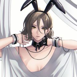 1girl angon623 animal_ears bare_shoulders black_gloves brown_hair collarbone curtains detached_collar gloves hair_between_eyes leotard looking_at_viewer matilda_(path_to_nowhere) no_bra path_to_nowhere playboy_bunny rabbit_ears see-through_clothes short_hair single_glove solo topless_female white_background wrist_cuffs yellow_eyes