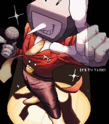 1boy 9aaaalt29 ant_tenna belt belt_buckle black_belt black_pants buckle commentary crt deltarune english_commentary english_text from_above full_body gloves grin highres holding holding_microphone male_focus microphone necktie object_head pants pixel_art pointy_nose shadow shoes smile solo sparkle spotlight tailcoat teeth white_gloves yellow_necktie yellow_shoes
