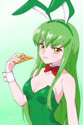 1girl 2025 animal_ears bow bowtie breasts c.c. cleavage code_geass dated detached_collar eating fake_animal_ears film_grain food green_hair hair_between_eyes leotard pizza pizza_slice playboy_bunny rabbit_ears signature solo tsunemoku wrist_cuffs yellow_eyes