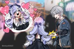 1boy 1girl ahoge black_shirt blue_jacket blush bow bowtie cowboy_shot drill_hair gem green_eyes hand_grab heart heart_in_eye jacket long_hair looking_at_another open_clothes open_jacket open_mouth outdoors pointy_ears purple_bow purple_bowtie purple_gemstone purple_hair shirt shitsu_(kurikaesi) short_hair shrug_(clothing) sideboob_cutout smile symbol_in_eye t-shirt twin_drills vivian_banshee white_hair white_shrug wise_(zenless_zone_zero) zenless_zone_zero