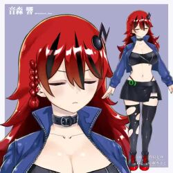 Rule 34 | 1girl, animated, breasts, choker, cleavage, collarbone, hair ornament, jacket, large breasts, live2d, long hair, mashima hiro, midriff, nail polish, navel, official art, otomori kyo, red hair, revealing clothes, skirt, smile, solo, tagme, thigh strap, thighhighs, video, virtual youtuber