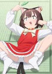 +_+ 1girl :&gt; absurdres animal_ear_fluff animal_ears asakura_haru blush bob_cut bow brown_hair cat_ears cat_girl cat_tail cat_teaser chen china_dress chinese_clothes clenched_hands commentary_request dress earrings facing_viewer fang flat_chest frills from_above happy highres indoors jewelry long_sleeves lying m_legs multiple_tails on_back panties paw_pose playing red_sash sash single_earring socks solo tail tatami touhou two_tails underwear upskirt wrist_cuffs yellow_bow yellow_trim