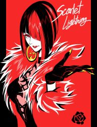 1girl absurdres anna_williams bob_cut breasts cleavage dress earrings eyeshadow flower gloves highres jewelry lipstick makeup murderking666 red_background red_eyes red_eyeshadow red_lips rose short_hair simple_background solo tekken tekken_8