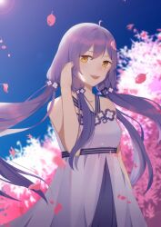 Rule 34 | 1girl, ahoge, bare arms, bare shoulders, blue sky, cherry blossoms, collarbone, cowboy shot, criss-cross straps, day, dress, dress flower, floating hair, flower, hair between eyes, hair flower, hair ornament, hand in own hair, happy, kirina zero, layered dress, light rays, long hair, low-tied sidelocks, low twintails, open mouth, outdoors, pansy, petals, pink flower, purple dress, purple flower, purple hair, sidelocks, sky, sleeveless, sleeveless dress, smile, solo, spring (season), standing, sun, sunlight, teeth, tree, twintails, upper teeth only, very long hair, vocaloid, white dress, xingchen, yellow eyes