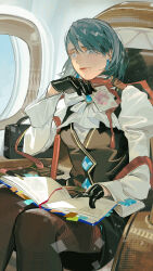 1girl absurdres ace_attorney ascot black_bag black_gloves black_vest blue_gemstone blue_hair breasts brown_pantyhose closed_mouth cowboy_shot franziska_von_karma gem gloves highres holding holding_paper juliet_sleeves long_sleeves mole mole_under_eye omurice_(304975636) pantyhose paper puffy_sleeves shirt sitting solo vest white_ascot white_shirt