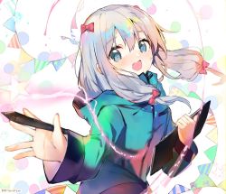 1girl atsumi_jun blue_eyes blush bow drawing_tablet eromanga_sensei hair_between_eyes hair_bow hand_up holding holding_drawing_tablet hood hooded_jacket izumi_sagiri jacket long_hair long_sleeves looking_at_viewer open_mouth pennant pink_bow silver_hair smile solo star_(symbol) stylus upper_body