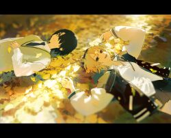 1boy 1girl absurdres autumn autumn_leaves blonde_hair closed_mouth day hand_on_own_stomach highres kohaku_no_aki_0-byou_no_tabi kukka leaf looking_at_viewer lying necktie on_back open_mouth outdoors school_uniform shirt skirt vest