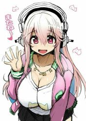 Rule 34 | 1girl, :d, artist request, black skirt, blush, breasts, cleavage, cowboy shot, hair between eyes, hand up, headphones, jacket, large breasts, long hair, long sleeves, looking at viewer, motion lines, nitroplus, non-web source, open mouth, pink eyes, pink hair, pink jacket, pleated skirt, shirt, simple background, skirt, smile, solo, super sonico, waving, white background, white shirt