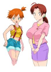 1girl 2girls absurdres asymmetrical_hair bare_arms blush breasts brown_eyes brown_hair closed_mouth cowboy_shot creatures_(company) crop_top delia_ketchum denim denim_shorts eyelashes female_focus game_freak green_eyes hair_tie highres huge_breasts large_breasts long_hair looking_at_viewer mature_female midriff misty_(pokemon) multiple_girls navel nintendo open_mouth orange_hair pink_shirt pokemon pokemon_(anime) pokemon_(classic_anime) ponytail scrunchie shirt short_hair short_shorts short_sleeves shorts side_ponytail simple_background skirt smile standing suspender_shorts suspenders tank_top thighs tsune_(tnmy4375) v_arms white_background yellow_shirt yellow_tank_top