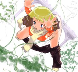 1girl alice_(pokemon) blonde_hair blue_eyes blush breasts clothes_pull feet female_focus long_hair nintendo otsukare pants pants_pull pokemon pokemon:_the_rise_of_darkrai pokemon_(anime) pokemon_dppt_(anime) socks solo