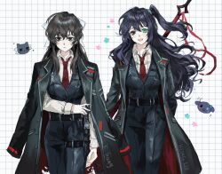 2girls :d belt black_belt black_coat black_eyes black_hair black_pants black_vest blush coat coat_on_shoulders collared_shirt commentary frown genderswap genderswap_(mtf) green_eyes grid_background hair_ribbon heterochromia highres holding holding_polearm holding_weapon hong_lu_(project_moon) limbus_company long_hair looking_ahead looking_at_viewer multiple_girls necktie one_side_up open_mouth pants polearm project_moon red_necktie ribbon shirt smile symbol-only_commentary vest weapon white_background white_ribbon white_shirt xiaorourose yi_sang_(project_moon)