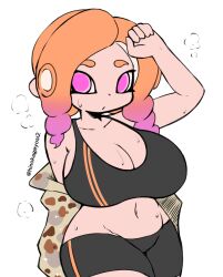 Rule 34 | 1girl, bike shorts, black sports bra, breasts, camouflage, camouflage shirt, cleavage, collarbone, drill hair, gradient hair, huge breasts, long hair, long sleeves, looking at viewer, miyazero, multicolored hair, navel, nintendo, octoling, octoling girl, octoling player character, octopus girl, off-shoulder shirt, off shoulder, open clothes, open shirt, orange hair, pink eyes, pink hair, pointy ears, puff of air, shirt, splatoon (series), sports bra, standing, suction cups, sweat, tentacle hair, two-tone hair, white background, white shirt
