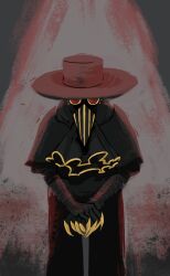 1other black_gloves black_robe brown_hat cane commentary covered_face elbow_gloves fake_claws gloves hat highres holding holding_cane kinozie kyokugen_dasshutsu plague_doctor_mask robe solo wide_brim zero_escape:_toki_no_dilemma zero_ii_(kyokugen_dasshutsu)