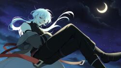 1boy :d a_date_with_death arm_on_own_leg belt black_clouds black_shorts crescent_moon crossed_legs fangs from_below grin hair_flowing_over highres jacket jacket_partially_removed jellyfish_cut looking_at_viewer male_focus moon night night_sky non-web_source official_art open_mouth red_belt red_eyes scenery shorts sidelighting sky sleeveless sleeveless_turtleneck smile solo sparkling_eyes star_(sky) starry_sky teeth turtleneck upper_teeth_only variant_set white_hair wolf_cut