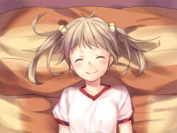 1girl artist_request blonde_hair blush closed_eyes closed_mouth game_cg hair_bobbles hair_ornament ibarazaki_emi katawa_shoujo medium_hair non-web_source official_art shirt short_sleeves smile solo twintails variant_set white_shirt