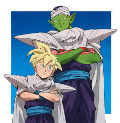 Rule 34 | 2boys, absurdres, black eyes, blonde hair, blue background, blue eyes, blue sash, border, cape, closed mouth, colored skin, commentary request, crossed arms, dougi, dragon ball, dragonball z, green skin, highres, looking at another, male focus, multiple boys, namekian, no eyebrows, outside border, pants, piccolo, pointy ears, purple pants, sash, short hair, shoulder pads, simple background, smile, smirk, son gohan, spiked hair, standing, super saiyan, super saiyan 1, turban, usarinko, v-shaped eyebrows, white border, white cape, wristband, yaoi