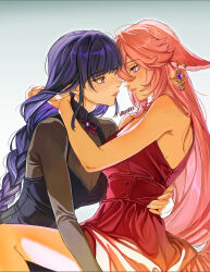 2girls animal_ears artist_name bare_arms black_dress breasts commentary dress earrings eye_contact fox_ears genshin_impact gradient_background green_background hand_in_another&#039;s_hair hand_on_another&#039;s_waist highres jewelry large_breasts larskukka looking_at_another mole mole_under_eye multiple_girls parted_lips pink_hair purple_eyes purple_hair raiden_shogun red_dress sideboob sleeveless sleeveless_dress smile symbol-only_commentary white_background yae_miko yuri