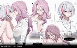 2girls absurdres breast_press breasts collared_shirt commentary glasses grey_eyes hair_between_eyes highres honkai:_star_rail honkai_(series) jade_(honkai:_star_rail) kiss multicolored_hair multiple_girls paid_reward_available patreon_username pink_hair ponytail purple_eyes red_hair seol_(baconontheclock) shirt short_ponytail streaked_hair symmetrical_docking topaz_(honkai:_star_rail) white_hair white_shirt yuri
