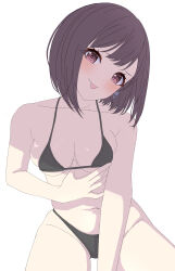 1girl :p absurdres bikini black_bikini blush breasts brown_hair collarbone earrings groin hand_on_own_chest head_tilt highres jewelry looking_at_viewer maou1561 medium_breasts navel project_sekai shinonome_ena short_hair simple_background sitting solo swimsuit tongue tongue_out white_background