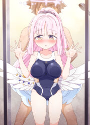 1boy 1girl blue_archive blue_one-piece_swimsuit blush breasts commentary_request commission covered_navel feathered_wings harada_(sansei_rain) hetero highres huge_breasts long_hair mika_(blue_archive) multicolored_eyes one-piece_swimsuit open_mouth pink_hair ponytail purple_eyes skeb_commission swimsuit torso_grab trinity_general_school_swimsuit two-tone_eyes variant_set white_wings wings yellow_eyes