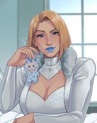 1girl artist_name blonde_hair blue_eyes blue_lips breasts cleavage emma_frost highres labubu looking_at_viewer malevolent_lxix marvel marvel_rivals short_hair solo upper_body window x-men
