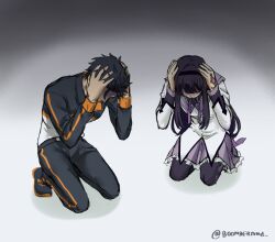 1boy 1girl akemi_homura akemi_homura_(magical_girl) black_hair boomberang commentary crossover despair english_commentary hands_on_own_head highres jacket kneeling long_hair looking_down mahou_shoujo_madoka_magica mahou_shoujo_madoka_magica_(anime) natsuki_subaru pants purple_hair re:zero_kara_hajimeru_isekai_seikatsu short_hair track_jacket track_pants track_suit white_background
