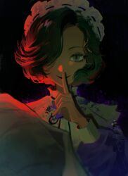 1girl absurdres black_background black_hair black_ribbon blanket crazy_smile finger_to_mouth hair_over_one_eye hamra_(hamcommis) hand_up highres holding holding_blanket index_finger_raised long_sleeves looking_at_viewer maid maid_headdress neck_ribbon one_eye_covered purple_eyes purple_sleeves red_light reverse:1999 ribbon short_hair shushing sidelighting smile solo swaddled tuesday_(reverse:1999) upper_body
