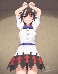 Rule 34 | 1girl, arms up, arrow (symbol), arrow print, bdsm, black hair, black skirt, blue bow, blue bowtie, blush, bondage, bound, bound wrists, bow, bowtie, cone horns, dress, grey horns, highres, horns, indoors, kijin seija, looking at viewer, miyo (ranthath), multicolored hair, open mouth, puffy short sleeves, puffy sleeves, red eyes, restrained, rope, short hair, short sleeves, skirt, small horns, solo, streaked hair, touhou, white dress