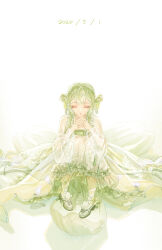 1girl absurdres beads braid character_request chinese_clothes circlet closed_eyes closed_mouth commentary confeitoo dated double_bun duijin_ruqun expressionless eyelashes floral_print frilled_footwear frilled_hanfu full_body green_hair green_hanfu green_shoes green_socks green_theme hair_beads hair_bun hair_ornament hanfu high_heels highres knees_up lace-trimmed_sleeves lace_trim lipstick long_hair long_sleeves makeup nikki_(series) own_hands_together praying pumps red_lips see-through_clothes see-through_sleeves shadow shining_nikki shoes simple_background sitting socks solo straight-on twin_braids white_background wide_sleeves