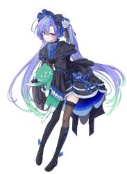 1girl absurdres alternate_costume black_bonnet black_dress black_shoes black_thighhighs blue_bow blue_bowtie blue_flower blue_hair blue_rose bonnet bow bowtie closed_mouth commentary_request dress fishnet_thighhighs fishnets flower frilled_sleeves frills full_body gothic_lolita green_hair hair_bow highres lolita_fashion long_hair looking_at_viewer mary_janes mole mole_under_eye multicolored_hair nanashi_inc. ougimaneki pink_eyes red_brooch rose shoes simple_background smile solo stuffed_animal stuffed_cat stuffed_toy suzumi_nemo thighhighs transparent_background two-tone_hair very_long_hair virtual_youtuber white_flower white_rose