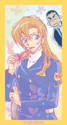 1boy 1girl artist_name black_hair black_jacket blue_eyes blue_jacket blue_necktie blue_skirt border brown_hair buttons closed_mouth collared_shirt dated domino_mask double-breasted floral_background hagiwara_chihaya heart highres holding holding_mask jacket japan_national_police kosaka_tomochi long_hair long_sleeves mask meitantei_conan necktie police police_uniform policewoman shirt short_hair skirt standing very_short_hair white_shirt yellow_border yokomizo_jugo