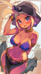 1girl antenna_hair armlet bikini blonde_hair blue_eyes blush bracelet breasts earrings gold_armlet gold_bracelet gold_thighlet highres hood jewelry loincloth looking_at_viewer medium_breasts momochi_momotan navel neck_ring open_mouth shantae_(series) shantae_and_the_pirate&#039;s_curse sky_(shantae) solo swimsuit thighlet
