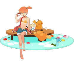 1girl adapted_costume bad_id bad_pixiv_id bare_arms bare_legs bare_shoulders barefoot bikini bikini_top_only creatures_(company) denim denim_shorts eye_contact faux_figurine feet flat_chest flower game_freak gen_1_pokemon gen_2_pokemon green_eyes gym_leader holding holding_poke_ball horsea looking_at_another misty_(pokemon) nekoniko nintendo no_nose open_fly orange_hair pikachu poke_ball poke_ball_(basic) pokemon pokemon_(anime) pokemon_(classic_anime) pokemon_(creature) psyduck shirt_tan short_hair shorts shorts_tan side_ponytail simple_background sitting soaking_feet sparkle suspenders swimsuit tan tanline togepi unzipped water white_background