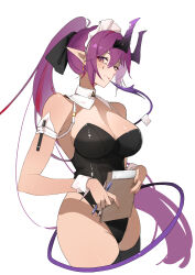1girl absurdres alternate_costume arknights ascalon_(arknights) bare_shoulders black_horns black_leotard black_thighhighs breasts chinese_commentary cleavage clipboard closed_mouth commentary_request cropped_legs fingernails gradient_horns groin hair_between_eyes highres holding holding_clipboard holding_pen horns large_breasts leotard long_hair looking_at_viewer multicolored_horns partial_commentary pen playboy_bunny ponytail purple_eyes purple_hair purple_horns simple_background smile solo standing strapless strapless_leotard tail tail_raised teardrop_facial_mark thighhighs white_background xuxinqi