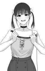 1girl absurdres belt black_eyes bow breasts cleavage earrings greyscale hair_bow highres holding holding_belt jewelry jirai_kei monochrome open_mouth original piercing short_twintails skirt small_breasts solo tantanmen72 tongue_piercing twintails