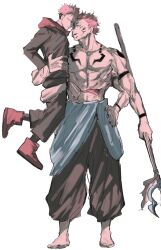 Rule 34 | 2boys, arm tattoo, arms around waist, black nails, black pants, blue eyes, boots, brown eyes, chest tattoo, earrings, extra arms, facial tattoo, full-body tattoo, highres, holding, holding polearm, holding weapon, hood, hood down, hoodie, itadori yuuji, japanese clothes, jewelry, jujutsu kaisen, jujutsu tech uniform, multiple boys, nigi, no shoes, pants, pink hair, polearm, red footwear, red hoodie, ryoumen sukuna (jujutsu kaisen), ryoumen sukuna (true form) (jujutsu kaisen), short hair, shoulder tattoo, stomach mouth, tattoo, tongue, tongue out, trident, undercut, weapon, yaoi