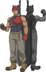 Rule 34 | 2boys, abs, animal ears, anime coloring, armor, back, beard, biceps, black gloves, boots, breastplate, brown hair, clenched hand, closed mouth, dungeon ni deai wo motomeru no wa machigatteiru darou ka, facial hair, forehead protector, full body, gloves, grey pants, holding, holding sword, holding weapon, kimoto shigeki, large pectorals, looking at viewer, male focus, mature male, monochrome, multiple boys, multiple views, muscular, muscular male, official art, ottar (danmachi), pants, pectorals, red armor, rope, rope belt, simple background, standing, sword, sword on back, transparent background, weapon, weapon on back, yellow boots
