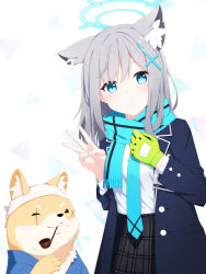 1girl animal animal_ear_fluff animal_ears aoi_thomas blue_archive blue_eyes blue_jacket blue_necktie blue_scarf clothed_animal commentary_request dog earrings fringe_trim gloves green_gloves grey_hair grey_skirt hair_between_eyes hair_ornament halo hands_up highres jacket jewelry master_shiba_(blue_archive) necktie open_clothes open_jacket pipe_in_mouth plaid_clothes plaid_skirt pleated_skirt scarf school_uniform shiroko_(blue_archive) shirt skirt smoking_pipe stud_earrings w white_background white_shirt