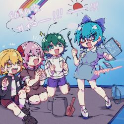 4girls :d alternate_costume antennae bespectacled black_jacket blonde_hair blue_background blue_dress blue_eyes blue_hair blush bobotatamu book bow brown_dress bucket cirno closed_eyes commentary_request dress full_body glasses green_eyes green_hair hair_between_eyes hair_bow highres holding holding_book ice ice_wings jacket kneeling long_sleeves looking_at_viewer mary_janes multiple_girls mystia_lorelei open_mouth pink_hair puffy_short_sleeves puffy_sleeves purple_shorts rainbow red-framed_eyewear red_bow rumia sandbox seiza sharp_teeth shirt shoes short_hair short_sleeves shorts sitting smile sparkle standing stick t-shirt team_9_(touhou) teeth touhou translation_request trowel v-shaped_eyebrows white_shirt white_shoes wings wriggle_nightbug
