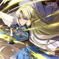 armor blonde_hair blue_eyes closed_mouth dress elf gloves greyscale headband jewelry long_hair looking_at_viewer monochrome official_art olivier_(kage_no_jitsuryokusha_ni_naritakute!) pointy_ears solo standing tagme very_long_hair