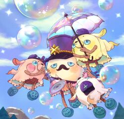 Rule 34 | animal ears, blue hat, blue sky, bone, bubble, character request, cloud, commentary request, day, dog ears, dog tail, facial hair, floating, floppy ears, hat, hat ornament, highres, holding, holding instrument, holding toy, holding trumpet, holding umbrella, infinity nikki, instrument, light blush, mountain, mouth hold, music, mustache, newsboy cap, nikki (series), no humans, outdoors, piecey, playing instrument, rorena 0, shako cap, shared umbrella, sky, star (symbol), star hat ornament, tail, toy, tree, trumpet, umbrella, wide-brimmed marshall