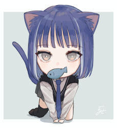 Rule 34 | 1girl, animal ear fluff, animal ears, black sweater vest, black thighhighs, blue necktie, bright pupils, cat ears, cat tail, chibi, collared shirt, commentary request, fish, food in mouth, grey eyes, grey skirt, highres, multicolored hair, necktie, original, pleated skirt, purple hair, school uniform, shirt, signature, single thighhigh, skirt, solo, streaked hair, sweater vest, tail, thighhighs, two-tone hair, white hair, white pupils, white shirt, yoruse