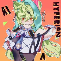 ai_hyperion_lambda ai_hyperion_lambda_(burning_rescue_soul) dynamic_pose fangs gloves gradient_background green_hair honkai_(series) honkai_impact_3rd hood hood_up hoodie long_hair mecha_outfit non-web_source open_mouth orange_eyes pointing rescue_uniform sci-fi_outfit sharp_teeth smile solo teeth texhei.q twintails upper_body v