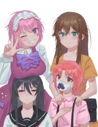 1boy 3girls absurdres black_hair black_sailor_collar breast_rest breasts breasts_on_head brown_shirt commentary_request dress facial_tattoo frown green_eyes grin hair_between_eyes hands_on_another&#039;s_shoulders highres iizumi_rita long_hair mask mouth_mask multiple_girls neckerchief pink_hair pink_shirt purple_dress purple_eyes purple_hair red_eyes red_neckerchief sailor_collar sakuragi_naruha seigetsu_(cheetah123) seike_taroumaru shirt skull_tattoo smile striped_clothes striped_shirt tattoo toaru_kagaku_no_railgun toaru_kagaku_no_railgun_t toaru_majutsu_no_index trap w white_background white_shirt yakumaru_itsuki