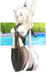 1girl absurdres ahoge alternate_costume animal_ear_fluff animal_ear_piercing animal_ears arm_behind_head arm_up armpits black_pants black_ribbon blurry blurry_background braid breasts closed_eyes commentary cropped_legs crossed_bangs day double-parted_bangs drawstring fox_ears fox_girl fox_tail hair_between_eyes hair_ribbon highres hololive kyoko_(zeprii4) long_hair low_ponytail medium_breasts midriff navel outdoors pants ponytail pool ribbon shirakami_fubuki side_braid solo sports_bra symbol-only_commentary tail very_long_hair virtual_youtuber white_hair white_sports_bra