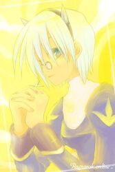 Rule 34 | 1girl, ark kan, black hairband, blue dress, blue eyes, closed mouth, commentary request, cone horns, cross, dress, fake horns, hairband, holding, holding cross, horns, juliet sleeves, long sleeves, looking at viewer, lowres, priest (ragnarok online), puffy sleeves, ragnarok online, short hair, smile, solo, upper body, white hair, white horns, yellow background
