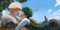 2boys 2nd_popularity_poll_(boku_no_hero_academia) alternate_universe artist_name bakugou_katsuki blonde_hair blurry blurry_background boku_no_hero_academia cape cloud collared_shirt dragon earrings eastern_dragon freckles from_side fur-trimmed_cape fur_trim green_eyes green_hair green_vest hand_on_another&#039;s_back highres izukkuns jewelry long_sleeves looking_at_another lying lying_on_another male_focus midoriya_izuku multiple_boys multiple_necklaces necklace official_alternate_costume on_stomach open_mouth pants red_cape red_eyes shirt short_hair sky spiked_hair teeth toned toned_male tooth_earrings tooth_necklace vest yaoi